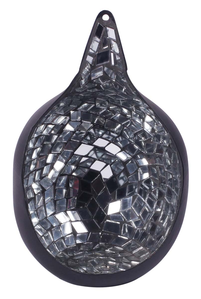 6” Coconut Tea-Light Holder in Iron with Mirror-Work - Black Color - Mosaic Art Decor from India - Buy in Bulk Wholesale
